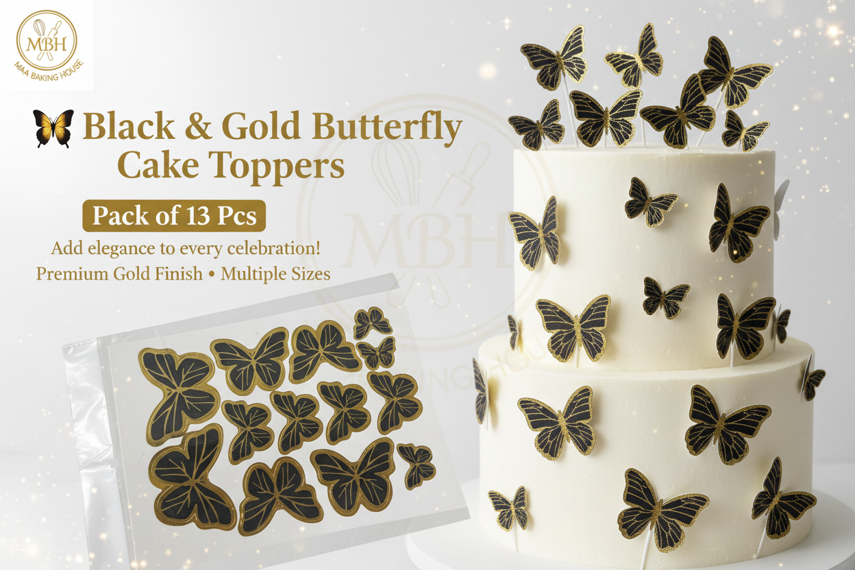 Black & Gold Butterfly Cake Toppers – Pack of 13 Pcs