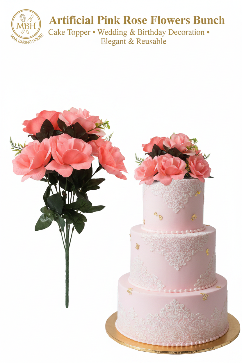Artificial Pink Rose Flowers Bunch - Cake Decoration