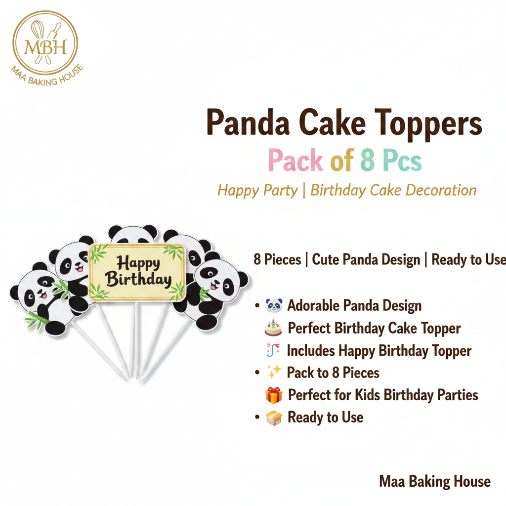 Panda Cake Toppers - Happy Party | Pack of 8 Pcs