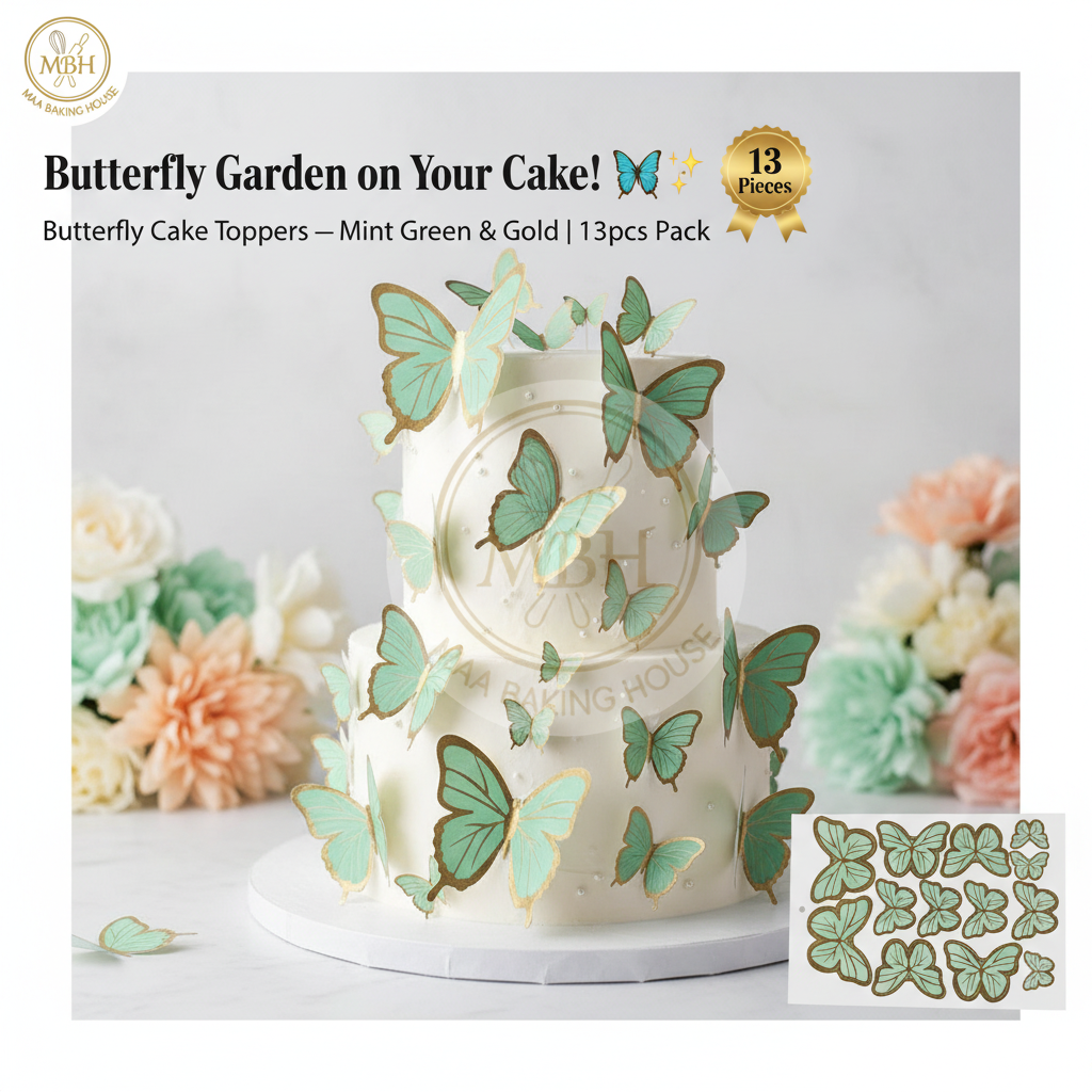 Butterfly Cake Toppers Sheet — Mint Green & Gold (13pcs)