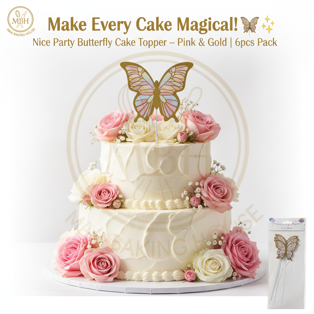 Nice Party Butterfly Cake Topper — Pink & Gold (6pcs)