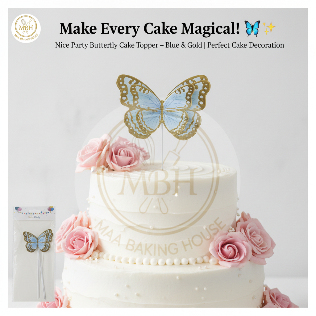 Nice Party Butterfly Cake Topper — Blue & Gold (6pcs)