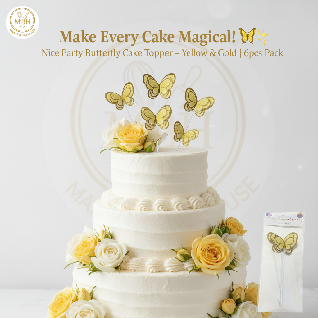 Nice Party Butterfly Cake Topper — Yellow & Gold (6pcs)