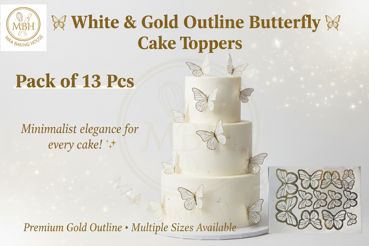 White & Gold Outline Butterfly Cake Toppers – Pack of 13 Pcs